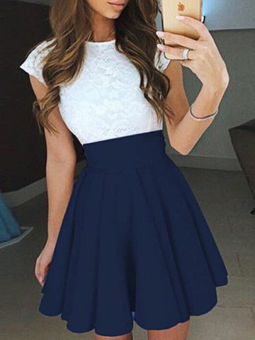 Woochic courte robe dentelle trapèze fluide col rond manches courtes de cocktail Bleu marine S
